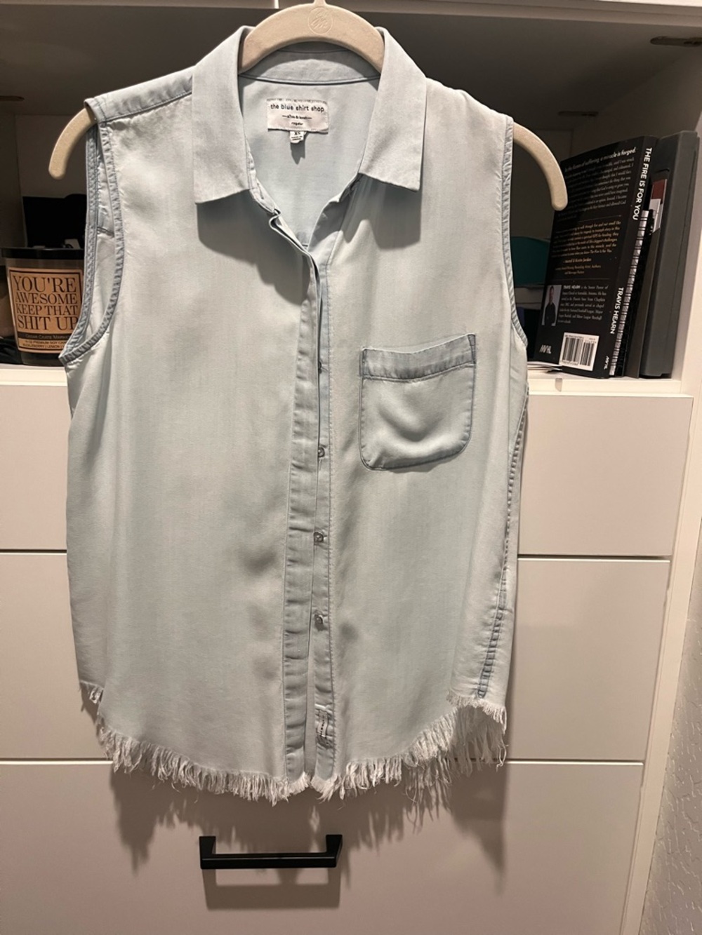 The Blue Shirt Shop- Sleeveless Light Wash Button-Up Shirt with Frayed Hem